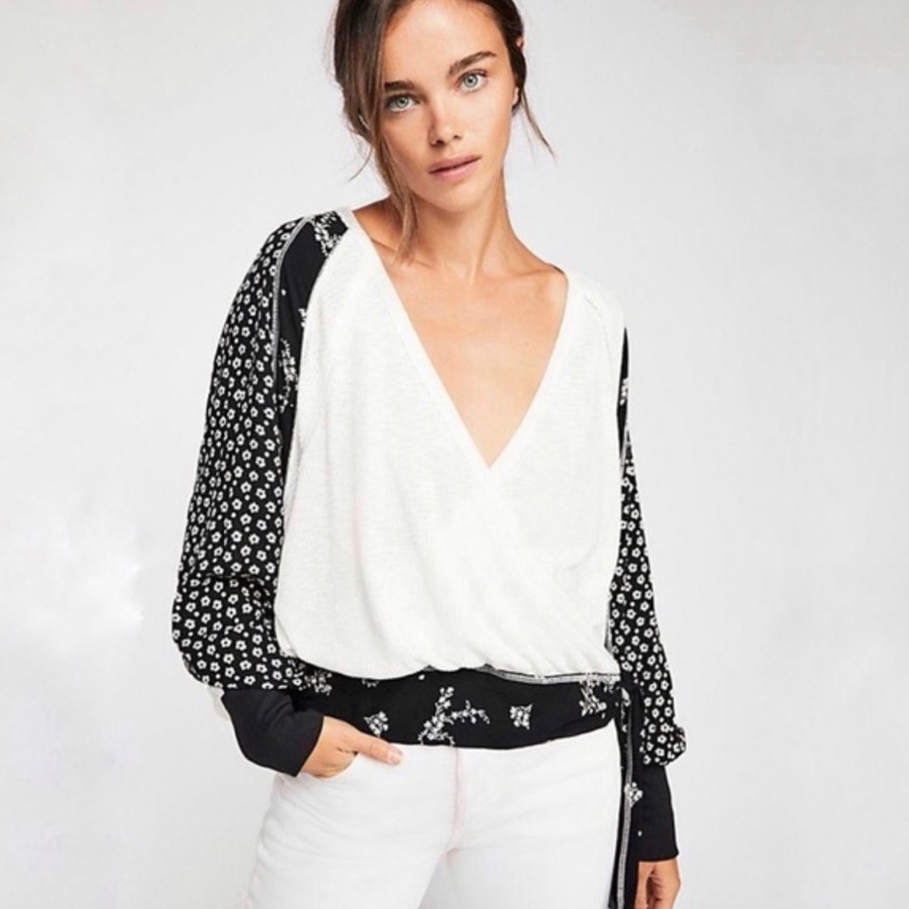 Free People Black and White Floral Wrap Blouse